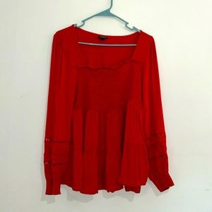 Torrid Babydoll Rayon Slub Lace Inset Smocked Tiered Top Red Size 0